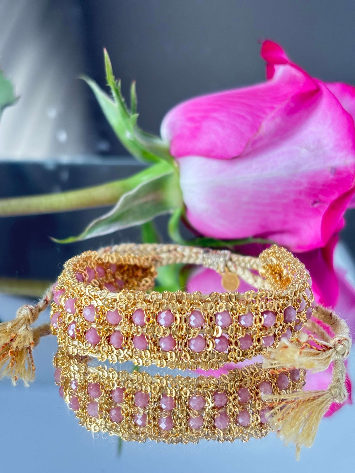 BRACCIALE CATENE E QUARZO ROSA