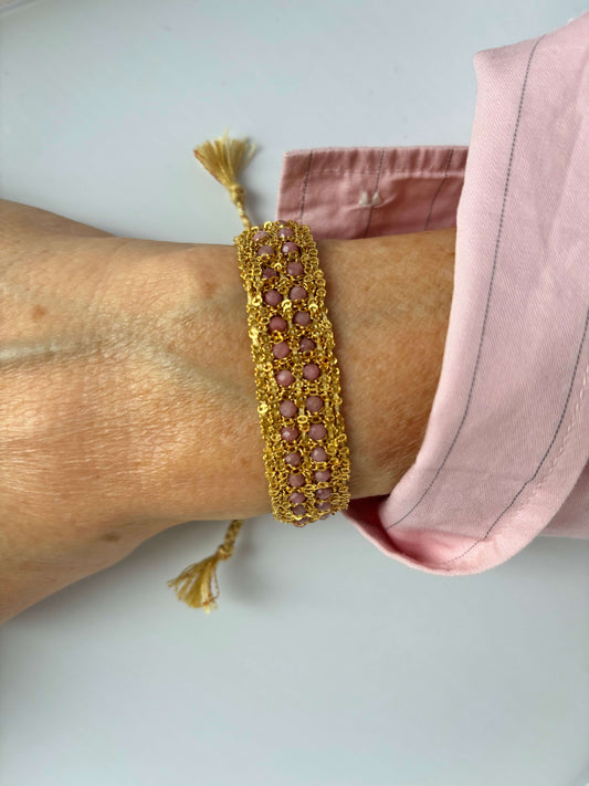 BRACCIALE CATENE E QUARZO ROSA